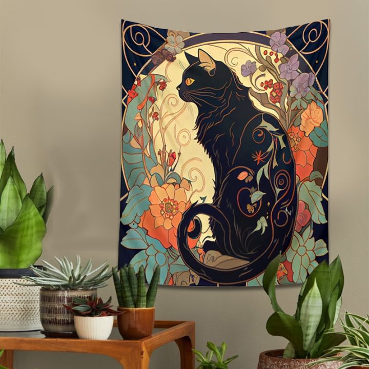 พรมรูปแมวดำที่ทำให้เคลิบเคลิ้มไปแขวนผนัง-art-nouveau-กุหลาบและแสงแดดรูปสัตว์ตกแต่งผนังดอกไม้ตกแต่งบ้านของขวัญคนรักแมว