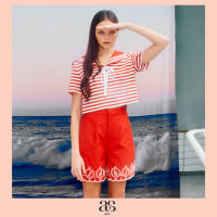 [EXCLUSIVE 1/22] ASV Striped jersey blouse เสื้อยืดผู้หญิง แขนสั้น แต่งปกคอ ผ้าทอลายริ้ว