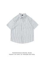 Retro vintage vertical striped short-sleeved shirt mens summer loose niche vintage casual shirt 【BYUE】