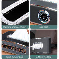 Multi-purpose PU Leather Car Tissue box with Clock Display Phone Number Design Diamond Border Decoration Car Accessories