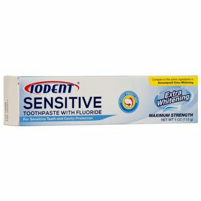 Sensitive Toothpaste Iodent with Fluoride Extra Whitening Maximum Strength 4oz. (113g) Cavity