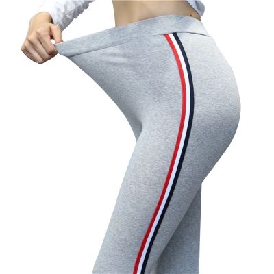 【CC】 2022 Cotton Leggings Side Stripes High-stretch Pants Waist Female