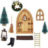 1:12 Rumah Boneka Pintu Gnome Set Natal Dekorasi Rumah Gnome Pintu Gnome Lentera Pohon Natal Karangan Bunga Tangga Kayu