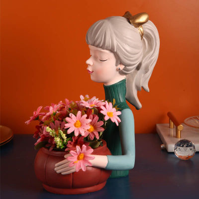Modern Girl Figurine Artificial Bonsai Succulent Planter Pot Flower Vase Wedding Holiday Gift Home Living Room Desk Decoration