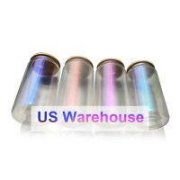 Free Shipping Us Warehouse 16oz Clear Coffee Soda Shaped Beer Sublimation Iridescent Glass Can With Bamboo Lid And Plastic Straw