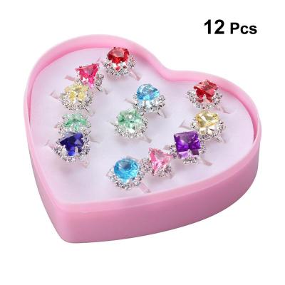 12pcs Child Ring Beautiful Colorful Diamante Ring Set Gift With Heart-Shaped Box for Girl Kid Child Adhesives Tape