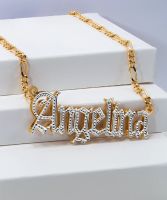 Double Plated Gothic Name Necklace With Figaro Chain 3D Double Layer Gold Plated Customized Stainless Steel Pendant For Women