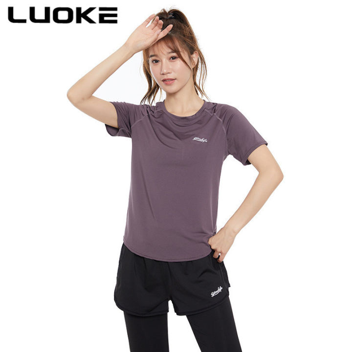 luoke-ขนาดใหญ่กีฬาแขนสั้นเสื้อยืดผู้หญิงท็อปส์เสื้อผ้าออกกำลังกายเสื้อผ้าโยคะหลวมวิ่งการฝึกอบรมลดน้ำหนัก