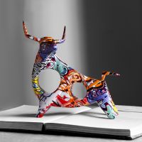 Art Colorful Bull Sculpture Resin Animal Statue Modern Art Graffiti Home Living Room Decor Desk Aesthetics Room Decor Gift