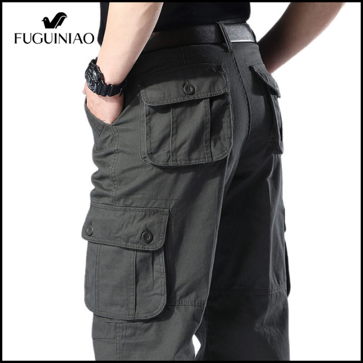 fuguiniao-กางเกงผ้าฝ้ายลำลองกางเกงคาร์โก้ทหารผ้ากันเปื้อนหลายกระเป๋าสำหรับผู้ชาย-กางเกงทหารพร้อมกระเป๋า6กระเป๋า