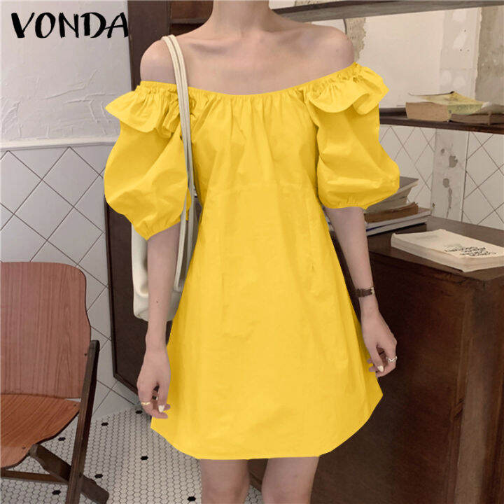 Vonda Women Short Sleeve Off Shoulder Ruffled Dress Fashion Holiday