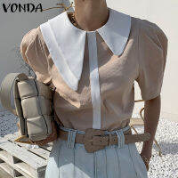 VONDA เสื้อคอปกแขนสั้นผู้หญิงเสื้อยืด Casual Baggy Pleated Tops (เกาหลี Causal)