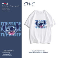 CHIC ผ้าฝ้ายแท้ เสื้อยืดแขนสั้นพิมพ์ลายการ์ตูนที่น่ารักของสติช สไตล์สบาย ๆ T0558