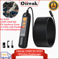 OIIWAK กล้องงู12MP เลนส์14มม.,กล้องสำหรับตรวจสอบโฟกัสอัตโนมัติปรับได้12ไฟ LED ซูม5X กล้องงูมาพร้อมกับไฟฉายกล้องงูอเนกประสงค์รองรับ Android/ios