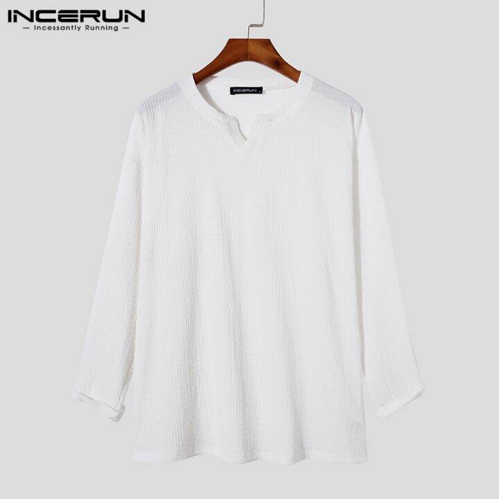 incerun-เสื้อท็อปคอวีแขนยาวสีพื้นสไตล์เกาหลีสําหรับผู้ชาย