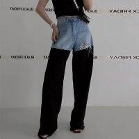 Superaen Korean CHIC Spring Niche Vintage High Waist Ripped Edge Contrast Panel Design Wide Leg Jeans Women