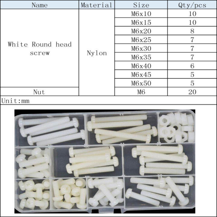 m2-5-m3-m4-m5ไนลอนสีขาวหัวกระทะ-phillips-เครื่องสกรูเมตริกด้ายข้ามพลาสติกหัวกลม-bolt-assortment-kit