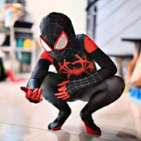 Miles Morales Cosplay Costume Superhero Zentai Suit Bodysuit Spiderman Into The Spider Verse Costume For Kids Adult Party Outfit