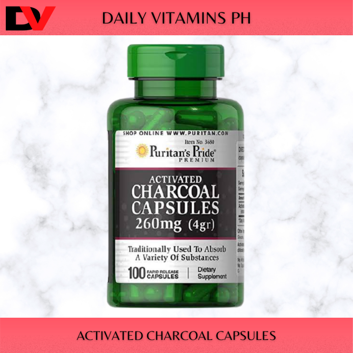 Puritan’s Pride Activated Charcoal Capsules 260mg (4gr), 100 Capsules Digestive Support
