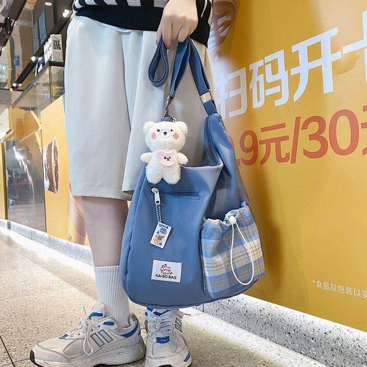 koreafashionshop-kr1726-กระเป๋าสะพายข้างป้าย-kai-bo-bag-ช่องใสของลายสก็อต-ใบใหญ่-มีพวงกุญแจแถมให้