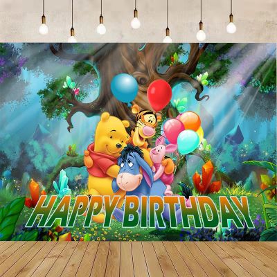 Cartoon Winnie The Pooh Photography Backdrop Customizable Children Happy Birthday Party Decoration Vinyl Photo Props Background