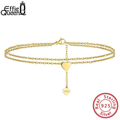 Effie Queen Layered Heart &amp; Salite Chain Ankle 2 Layers Heart Chain 925 Sterling Silver Anklets Summer Barefoot Jewelry SA17