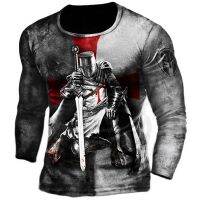 Retro Knights Templar 3D Print Mens T-shirts Street Hip Hop Loose Round Neck Long Sleeve T Shirts Plus Size Pullover Tops Tees