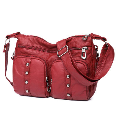Double Pocket Motorcycle Bag Washed Leather Mother Bag 2023 New Street Fashion Rivet Multi-Pocket Womens Small Square Bag 2023