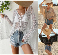 New V Neck Fringe Tassel Hollow Out Crochet Knitted Tunic Beach Cover Up Cover-ups Beach Dress Beach Wear Beachwear Female Beach Sun Protection Shirt Overlay Water-soluble Lace Flare Sleeve