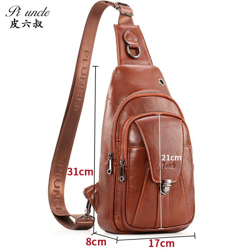 DENNIS Cowhide Sling Bag Chain Chest Bag Small Crossbody Bags for Men Hiking Travel Backpack 