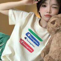 ❁❈◐ Japanese version of champion printed round neck pure cotton T-shirt for women trendy loose and versatile casual sports short-sleeved mens summer outer wear