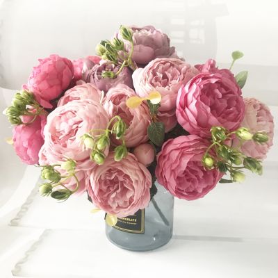hotx【DT】 Pink Silk Artificial Flowers Bouquet 5 Big and 4 Bud Cheap Fake Wedding Decoration shipping