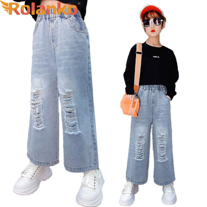 Rolanko Denim Pants for Kids Girls Hole Style Elastic Hight Waist ...