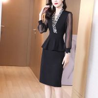 【CC】 Woman Fashion Gauze Sleeve V-Neck Ruched Splicing Fake Piece Female Dresses