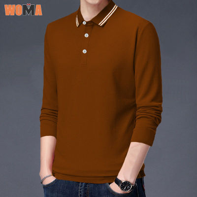 WOMA  เสื้อโปโลแขนยาวสำหรับผู้ชาย,เสื้อยืดสีพื้นแบบหลวมสไตล์ลำลองธุรกิจเสื้อใส่ทำงานแบบมืออาชีพ