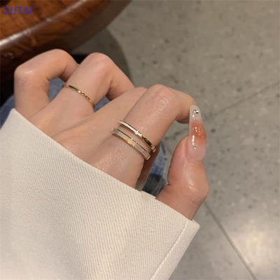 💖【Lowest price】SUTAI ชุดแหวนเคลือบสองชั้นแบบเรียบ2ชิ้นแหวนเปิดนิ้วแบบปรับได้สำหรับผู้หญิงเครื่องประดับแนววินเทจ