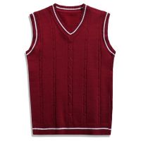 、’】【= Sweater Vest Men Thicken V-Neck Sleeveless Knitted Sweaters Vests Striped Retro Preppy-Style Simple Chic Loose Casual All-Match