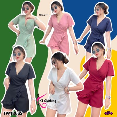 TW18662 Jumpsuit จั้มสูทขาสั้น คอวีป้ายแขนสั้น แต่งระบายเฉียง