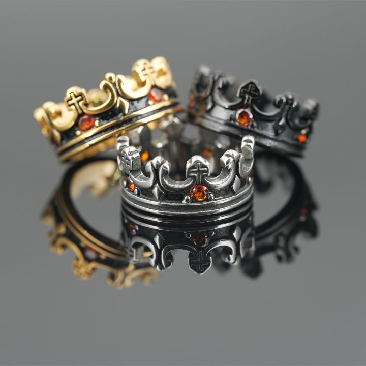 แหวนสแตนเลสเพชรสำหรับผู้ชายทันสมัยไม่ซีดแหวนไทเทเนียมรูปมงกุฎเหล็กย้อนยุคไม่ซีดแหวนกางเขนสไตล์เย็น
