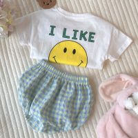 Toddler Baby Girl Clothing Sets Summer Smiley Letter Print T-shirt + Plaid Shorts Suit for Infant Cotton Kids Clothes Boys 6-36M  by Hs2023