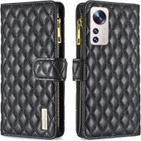 กระเป๋าสตางค์แบบมีซิปใช้ได้กับ Xiaomi 12 Lite,หรูหราทนทาน PU Leather Magnetic Flip Lanyard Strap Zipper Purse Phone Case With 9 Card Slots, Black