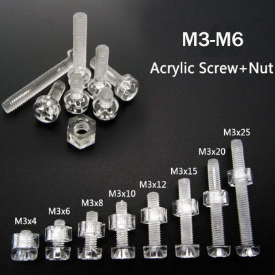 25sets M3-M4-M5-M6 Acrylic Clear Plastic Nylon Round Phillips Head Screw Bolt + Nut