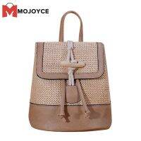 MOJOYCE Straw Women Backpack Vintage Horn Buckle Messenger Shoulders Bag School Bookbag