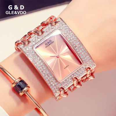 G&amp;D GLE&amp;VDO montre femme Luxury Rectangular Case with Rhinestones Quartz Ladies Watch Female Bracelet Wristwatch