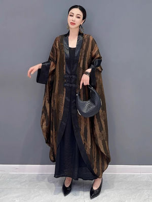 XITAO Jackets Vintage Loose Striped Irregular Women Bat Sleeve Trend Coat