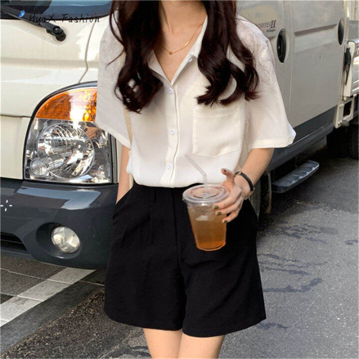 huax-เสื้อผู้หญิง-retro-lapel-lady-plain-ชีฟองแขนสั้นเสื้อ