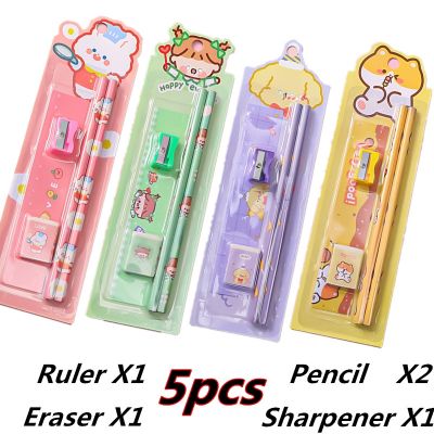 ☎ Cheap 5pcs Ruler Eraser Wooden Pencil Sharpener Set Drawing Writing Pencil Suit Fot School Supplies 2022 Kids Stationery Gifts