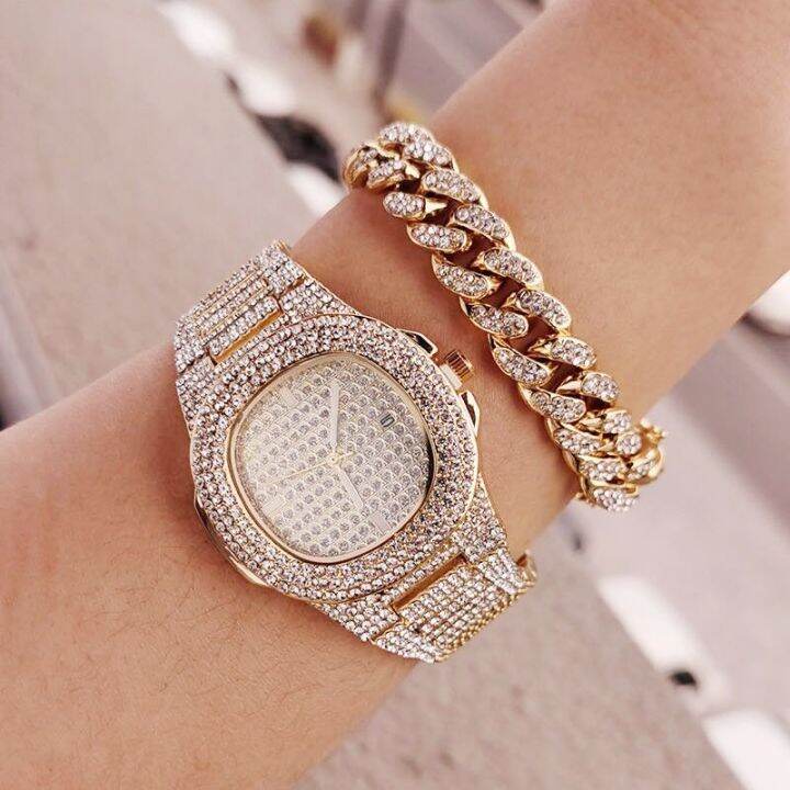 hot-seller-the-same-watch-for-men-and-women-cuban-bracelet-set-starry-hip-hop-diamond-encrusted-european-fashion-with-diamond-gold-trendy