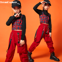 Hip Hop Girl Crop Top Sweatshirt Joggers Kids Streetwear Red Cargo Pants Plaid Camisole Child Clothes Set Jazz Dance Costumes