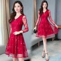 Dress Women  New Summer Plus Size Dresses Elegant A-Line Solid Puff Sleeve Empire V-Neck Ladies Embroidery Mesh Dress M-5XL